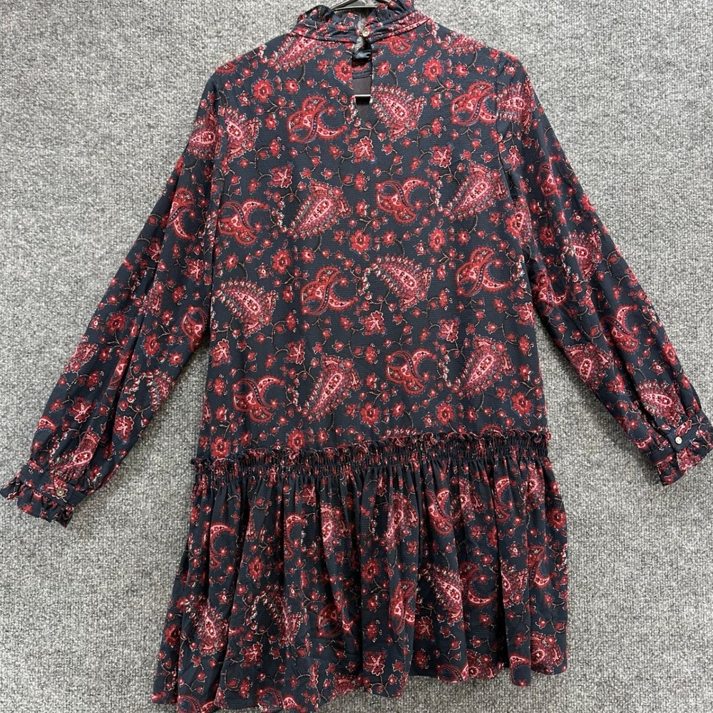 La Vie Rebecca Taylor Navy Red Paisley Ruffle Neck Drop Waist Mini Dress Small - Picture 7 of 12